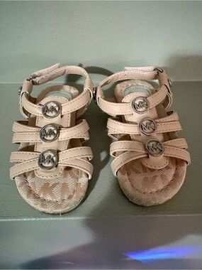 Michael Kors Girls Blush Pink Triple-Strap Sandals with MK Medallions
